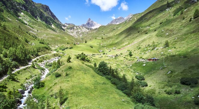 Grünes Hochtal mit Gebirgsbach und Bergpanorama bei Kappl im Sommer