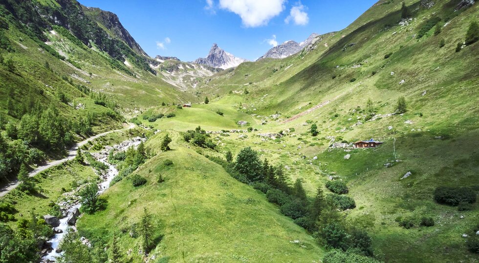 Grünes Hochtal mit Gebirgsbach und Bergpanorama bei Kappl im Sommer