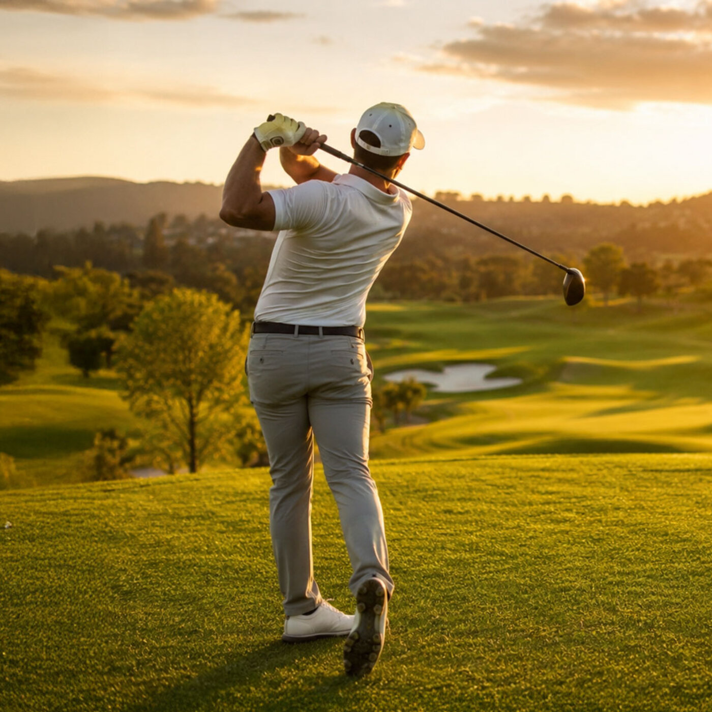 Golfspieler beim Abschlag auf einem Golfplatz im Sonnenuntergang