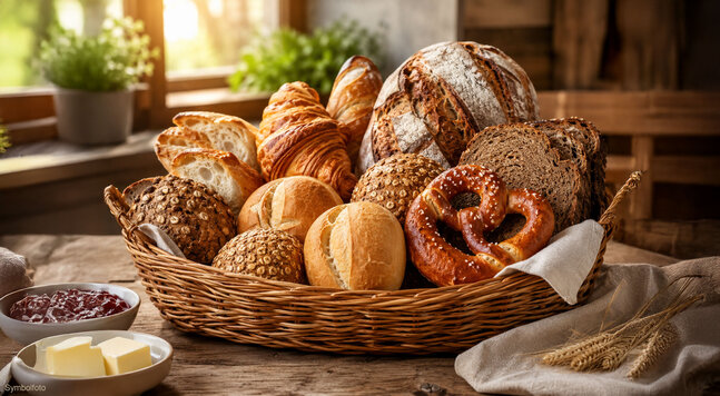 Brotkorb mit frischem Gebäck, Brezen und Butter zum Frühstück im Hotel Dorfstadl Kappl