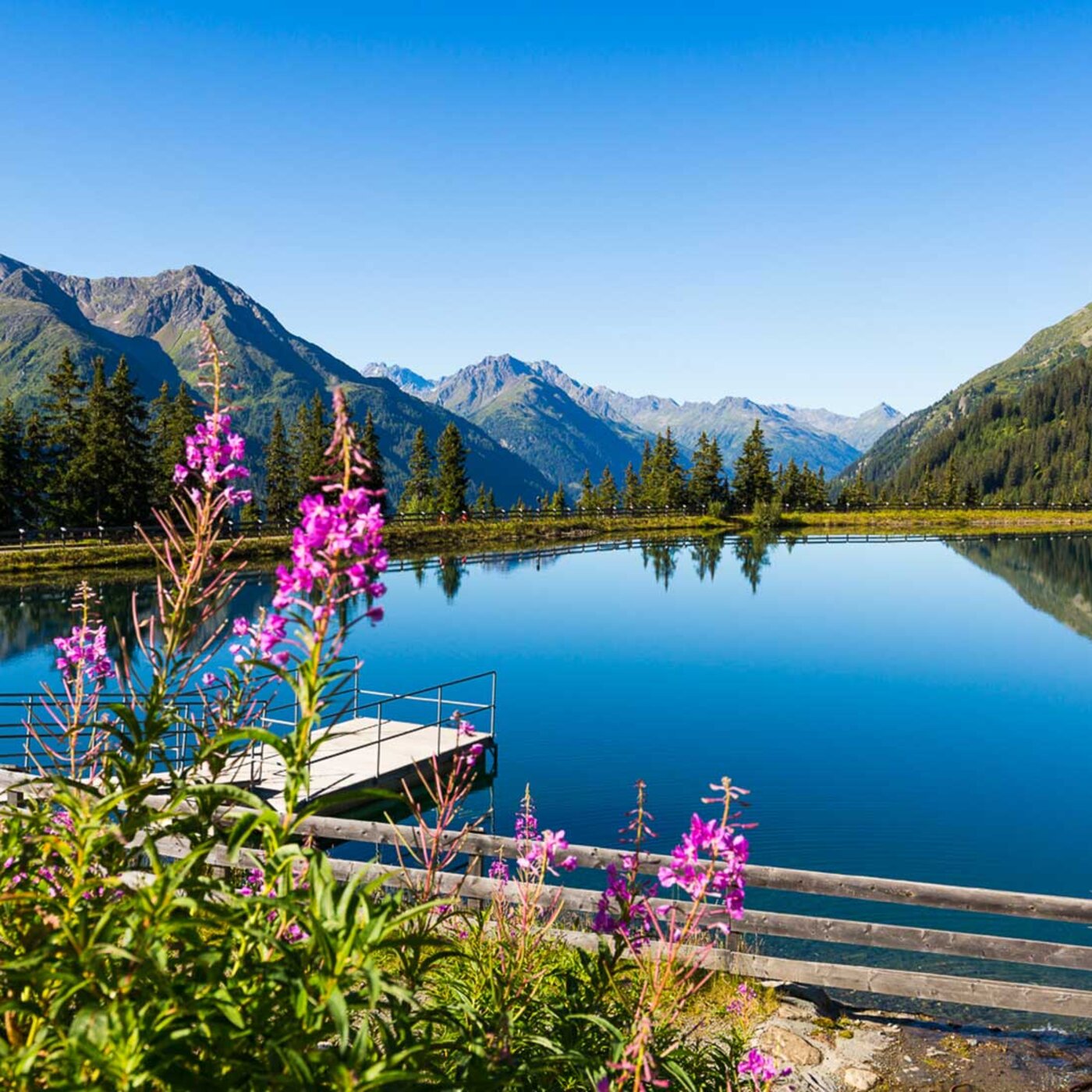 Bergsee am Sunny Mountain in Kappl mit Weidenröschen und Bergpanorama im Sommer