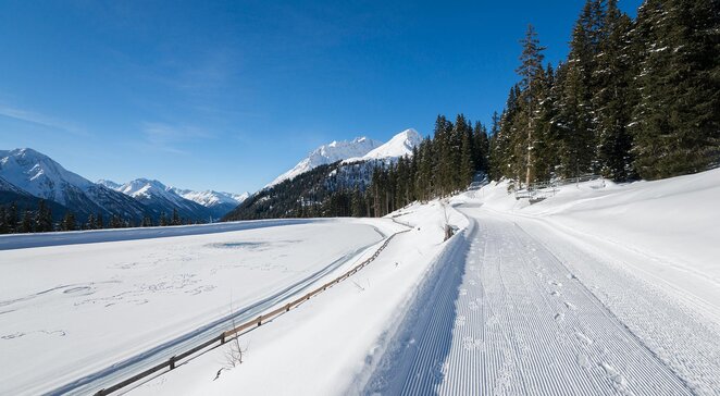 Frisch gespurte Langlaufloipe entlang des Waldes bei Kappl im Winter